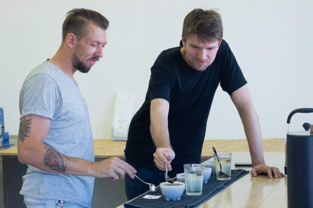 Cupping of coffee sample.